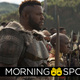 Winston Duke and Danai Gurira as M'Baku and Okaye stand ready with spears among a crowd of Wakandans and Avengers in Avengers: Infinity War.